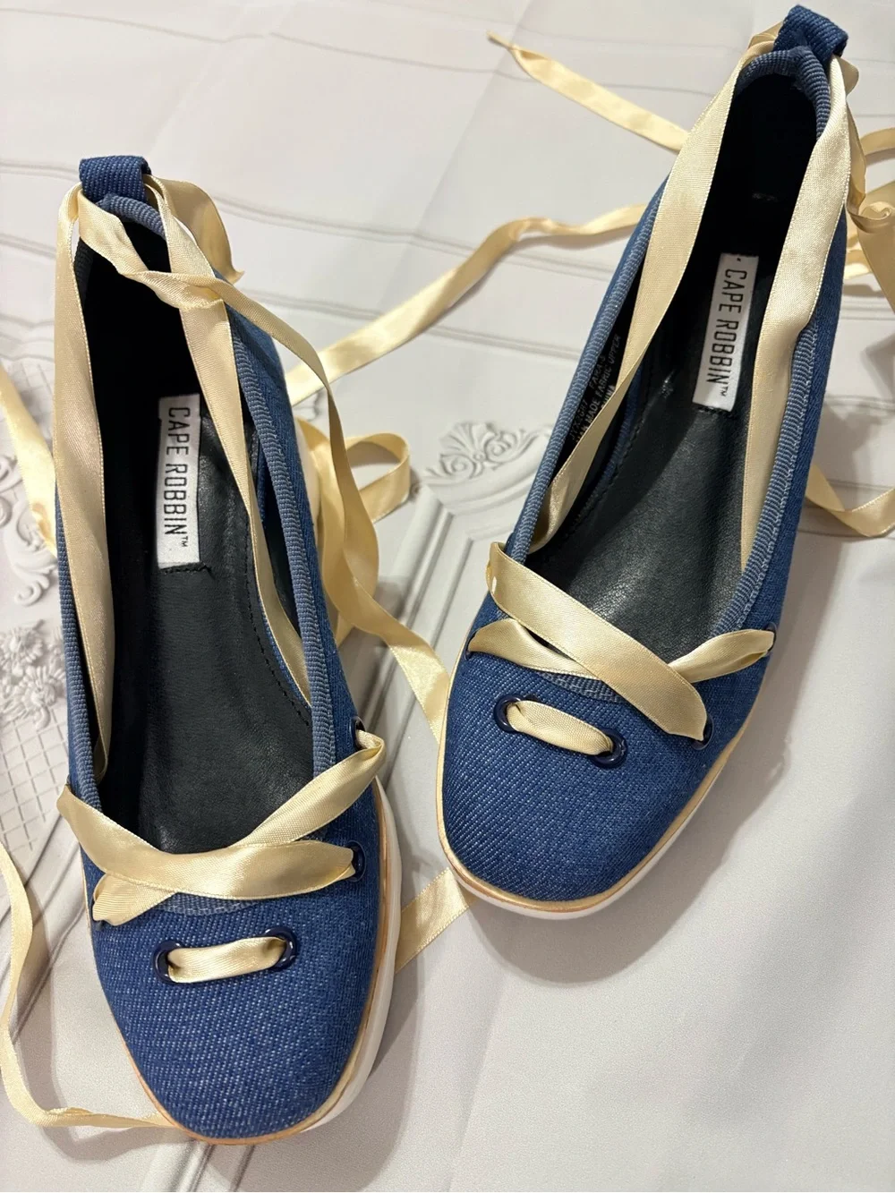 Cape Robbin Denim Blue Ballet Flats with Cream Ribbon